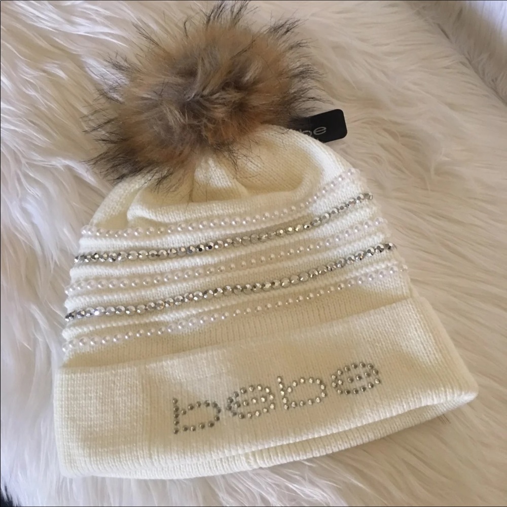 Bebe beanie winter knit hat rhinestone pom white - Picture 5 of 8